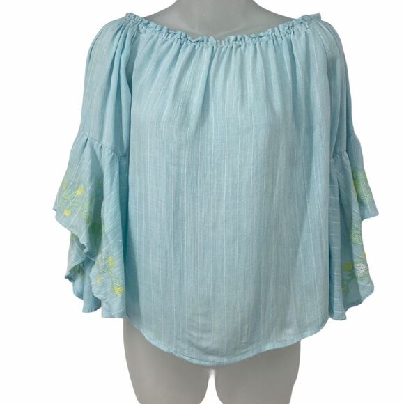 Miami Turquoise Floral Embroidered Bell Sleeve Top - Picture 1 of 8